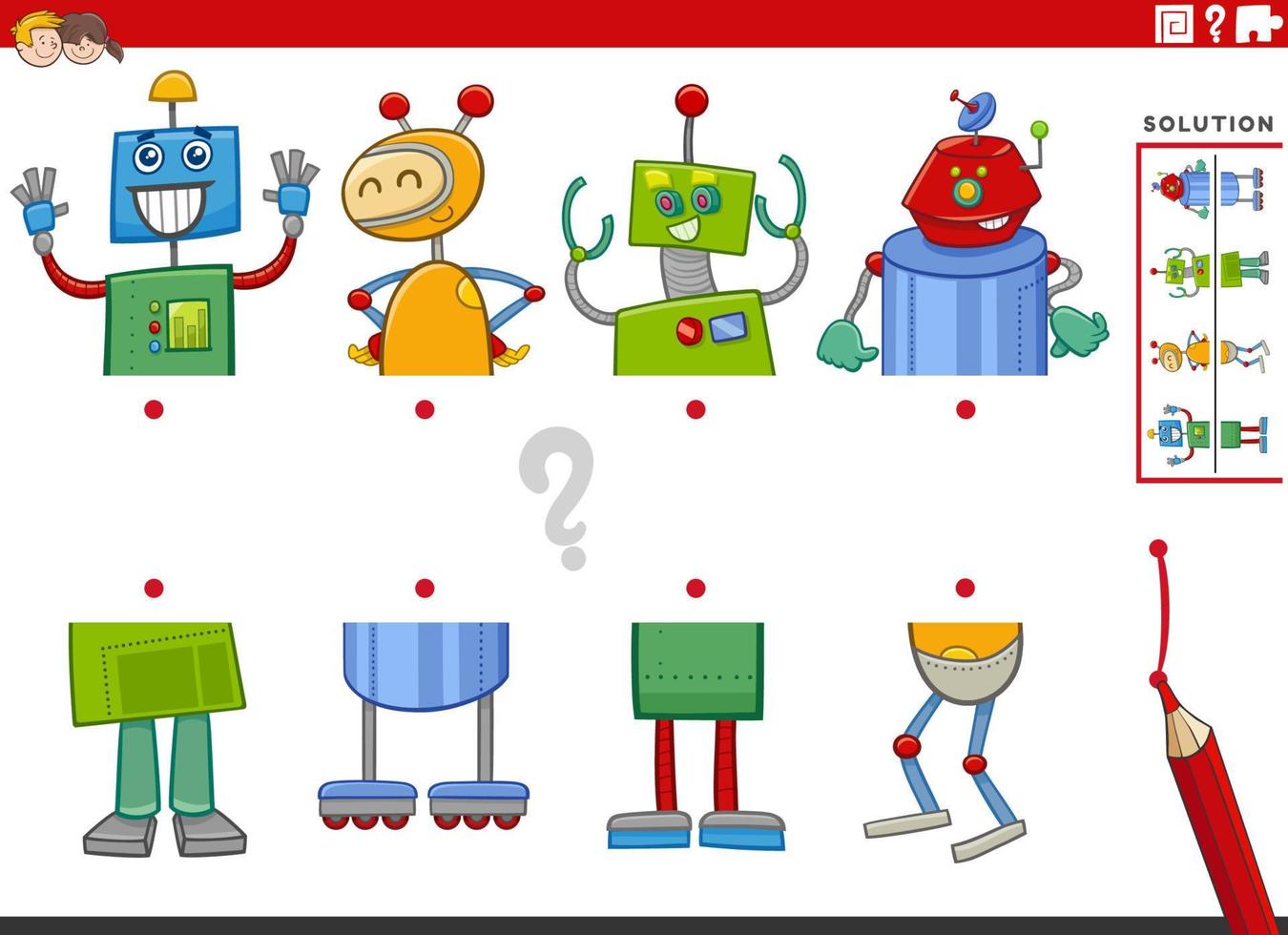 partido mitades de imágenes con gracioso robots educativo juego vector