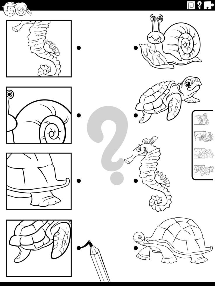 match cartoon animals and clippings game coloring page vector