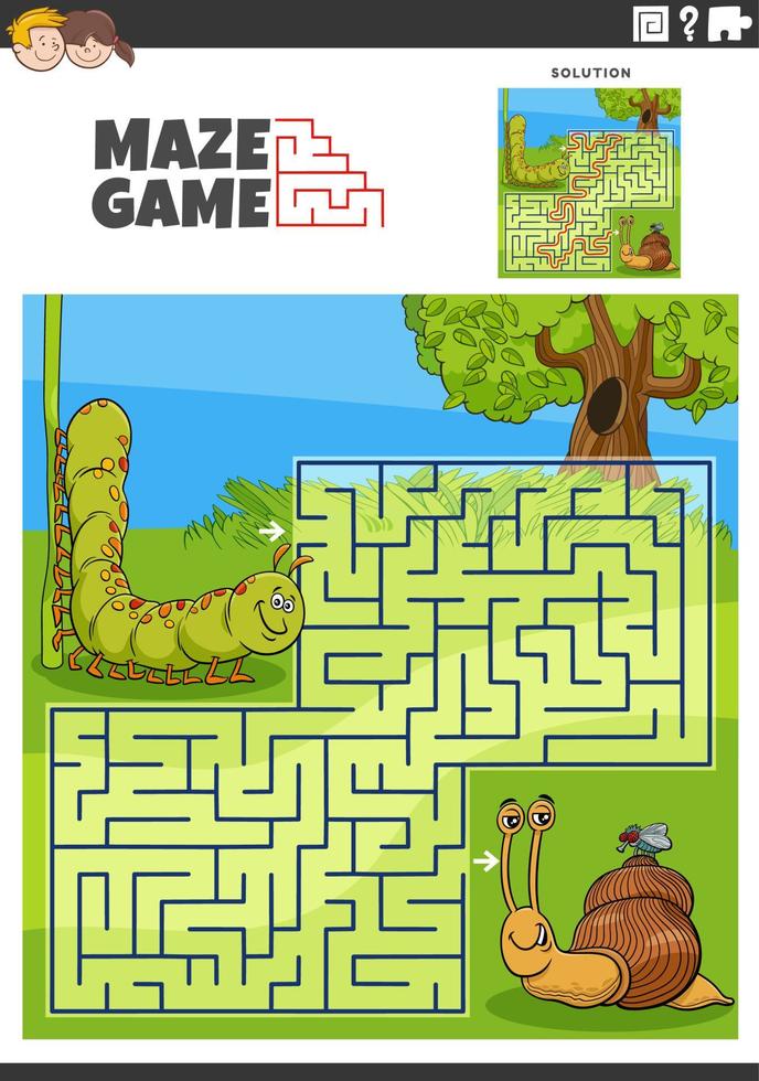 maze game activity with cartoon caterpillar and snail vector