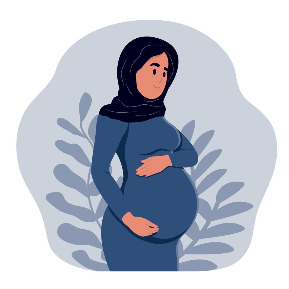 Beautiful pregnant Muslim woman hugs her belly. Healthy pregnancy banner. The concept of pregnancy and motherhood. Healthy pregnancy. vector
