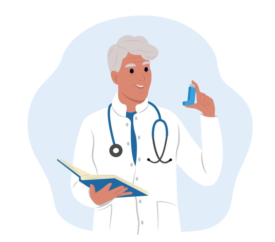 A young smiling elderly man doctor man holds an inhaler for inhalation in his hands. Childrens doctor. Bronchial Asthma. Allergy, asthmatic. Inhalation drug. World Asthma and Allergy Day. vector