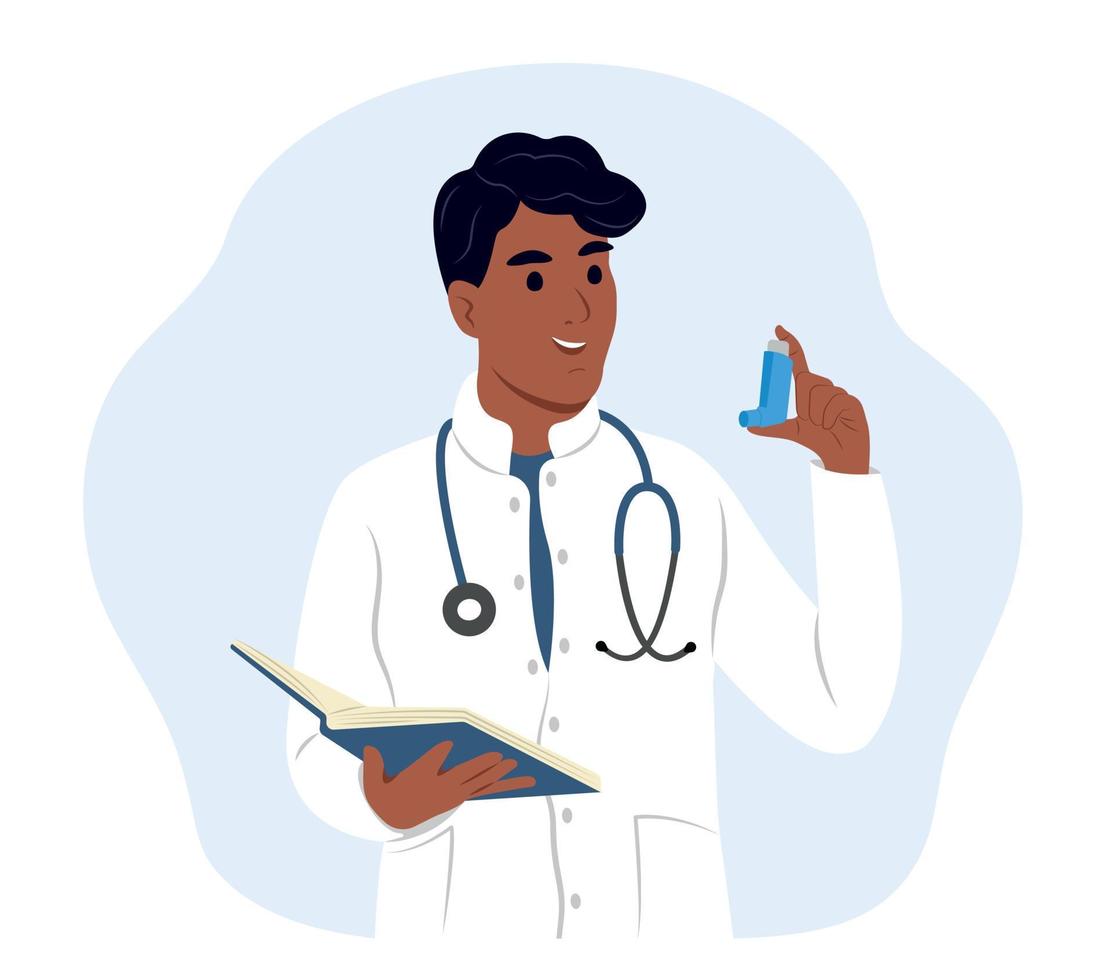 A young smiling black man doctor man holds an inhaler for inhalation in his hands. World Asthma and Allergy Day. Childrens doctor. Bronchial Asthma. Allergy, asthmatic. Inhalation drug. vector