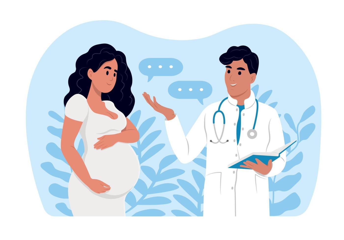 un embarazada mujer es hablando a un obstetra ginecólogo. un mujer esperando un bebé visitas el doctores oficina, examen durante el embarazo. consulta y examen durante el embarazo concepto. vector