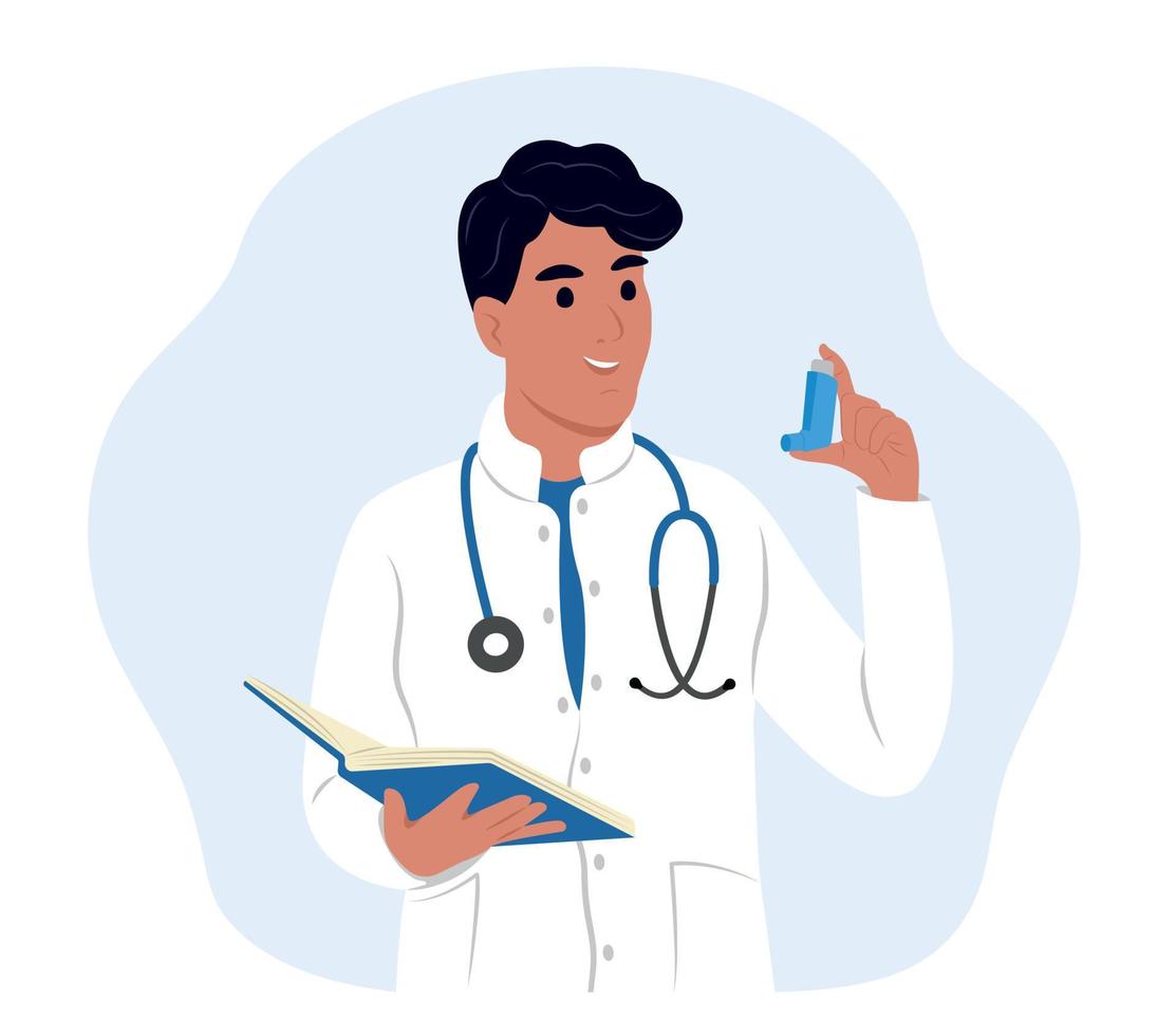 World Asthma and Allergy Day. A young smiling doctor man holds an inhaler for inhalation in his hands. Childrens doctor. Bronchial Asthma. Allergy, asthmatic. Inhalation drug. Bronchial asthma. vector