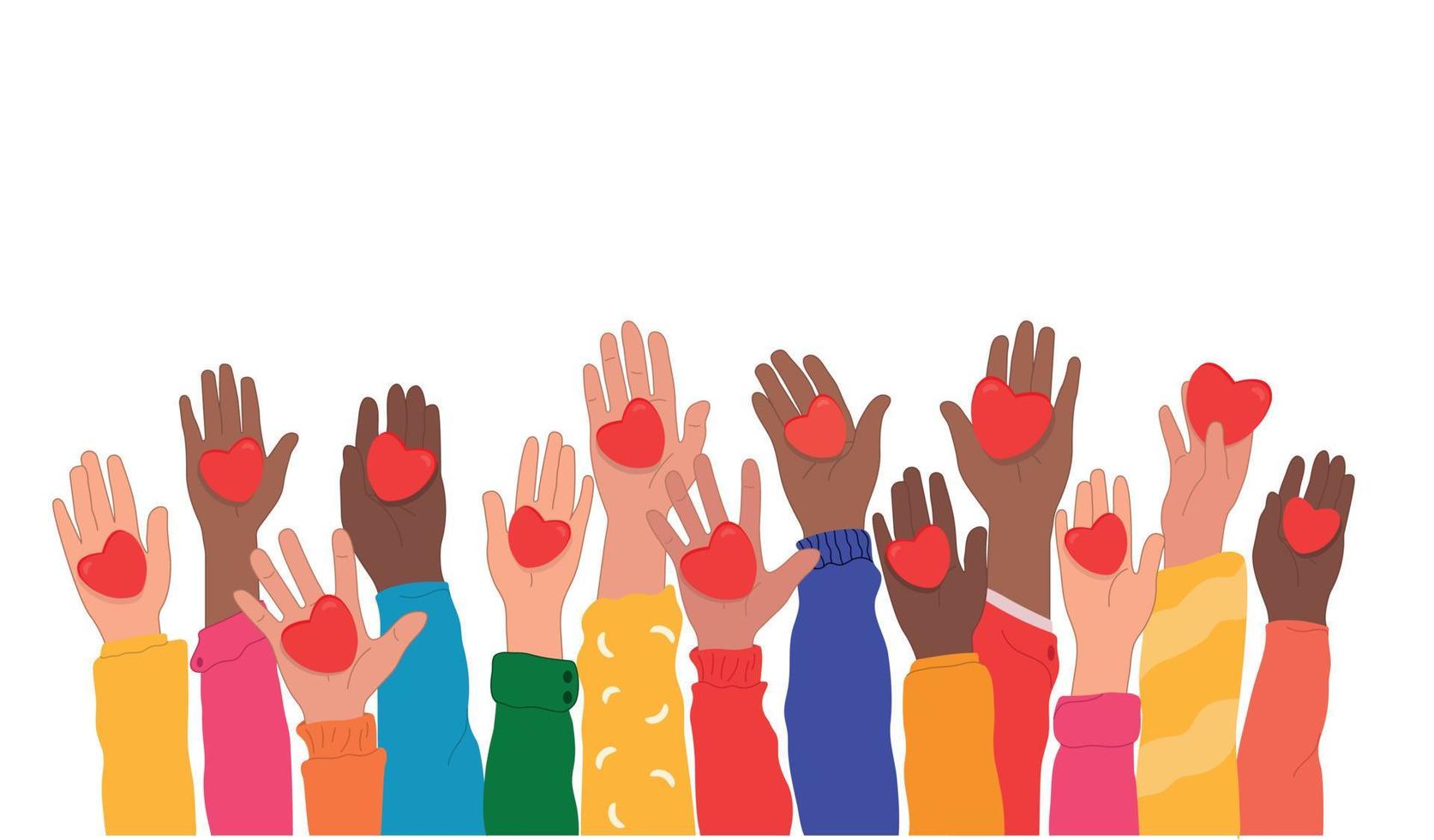 Hands raised up hold hearts, share compassion and hope with those in need. National Volunteering Month is celebrated every year in April. Compassion. The concept of sharing love. vector