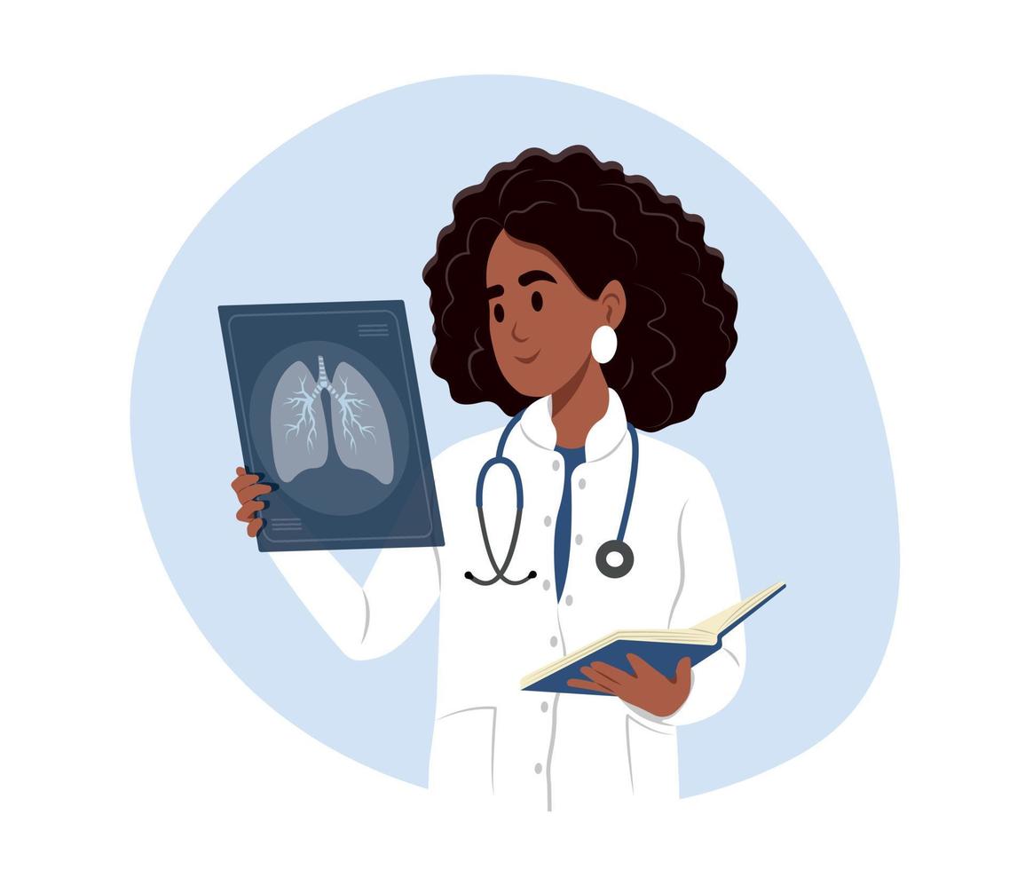 Smiling female black woman doctor holds x-ray of lungs in hand to prevent asthma. World Asthma Day.Bronchial Asthma. Allergy, asthmatic. Inhalation drug. Bronchial asthma. vector