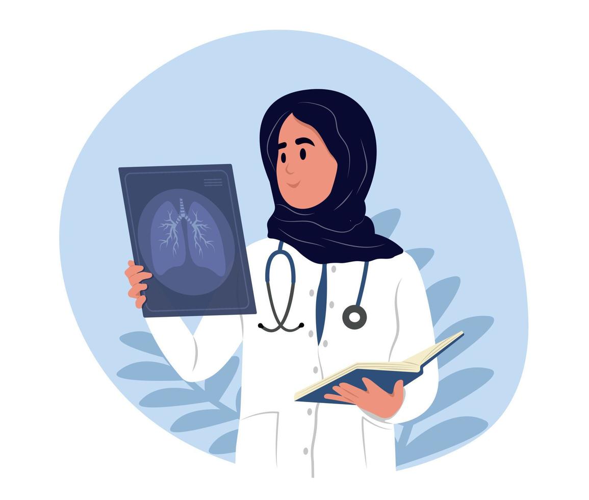 Smiling female Muslim doctor holds x-ray of lungs in hand to prevent asthma. World Asthma Day.Bronchial Asthma. Allergy, asthmatic. Inhalation drug. Bronchial asthma. vector