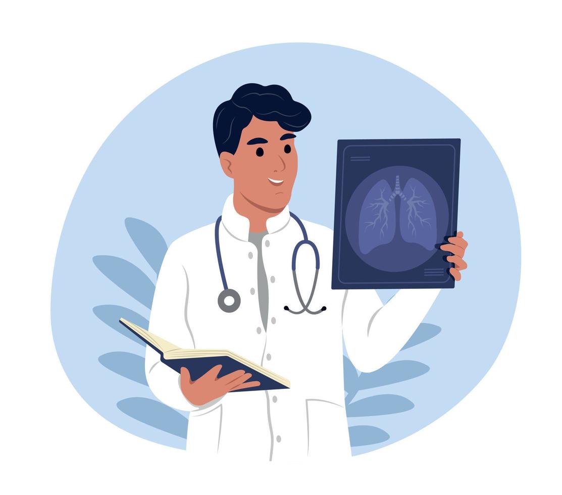 Smiling female man doctor holds x-ray of lungs in hand to prevent asthma. World Asthma Day.Bronchial Asthma. Allergy, asthmatic. Inhalation drug. Bronchial asthma. vector