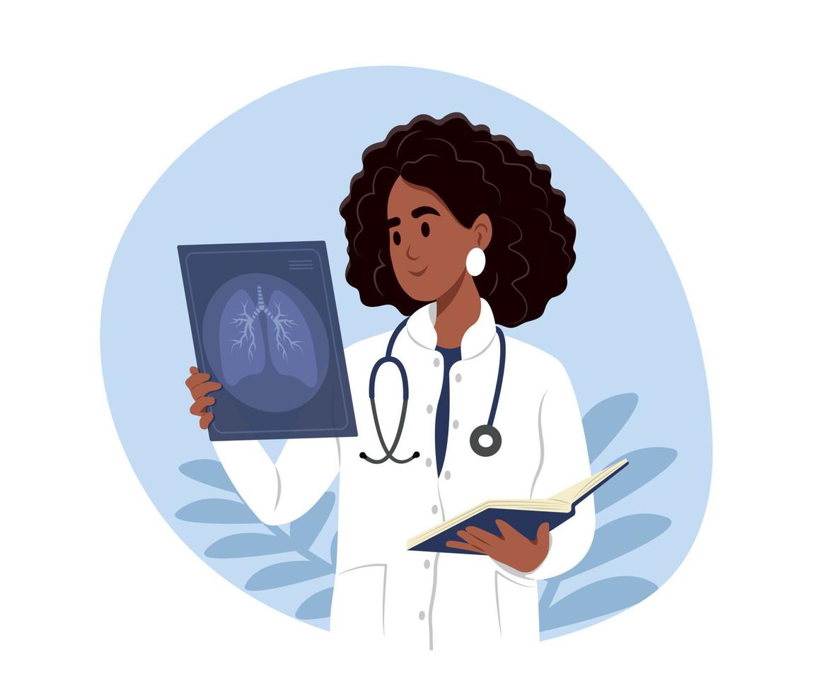 Smiling female black woman doctor holds x-ray of lungs in hand to prevent asthma. World Asthma Day.Bronchial Asthma. Allergy, asthmatic. Inhalation drug. Bronchial asthma. vector