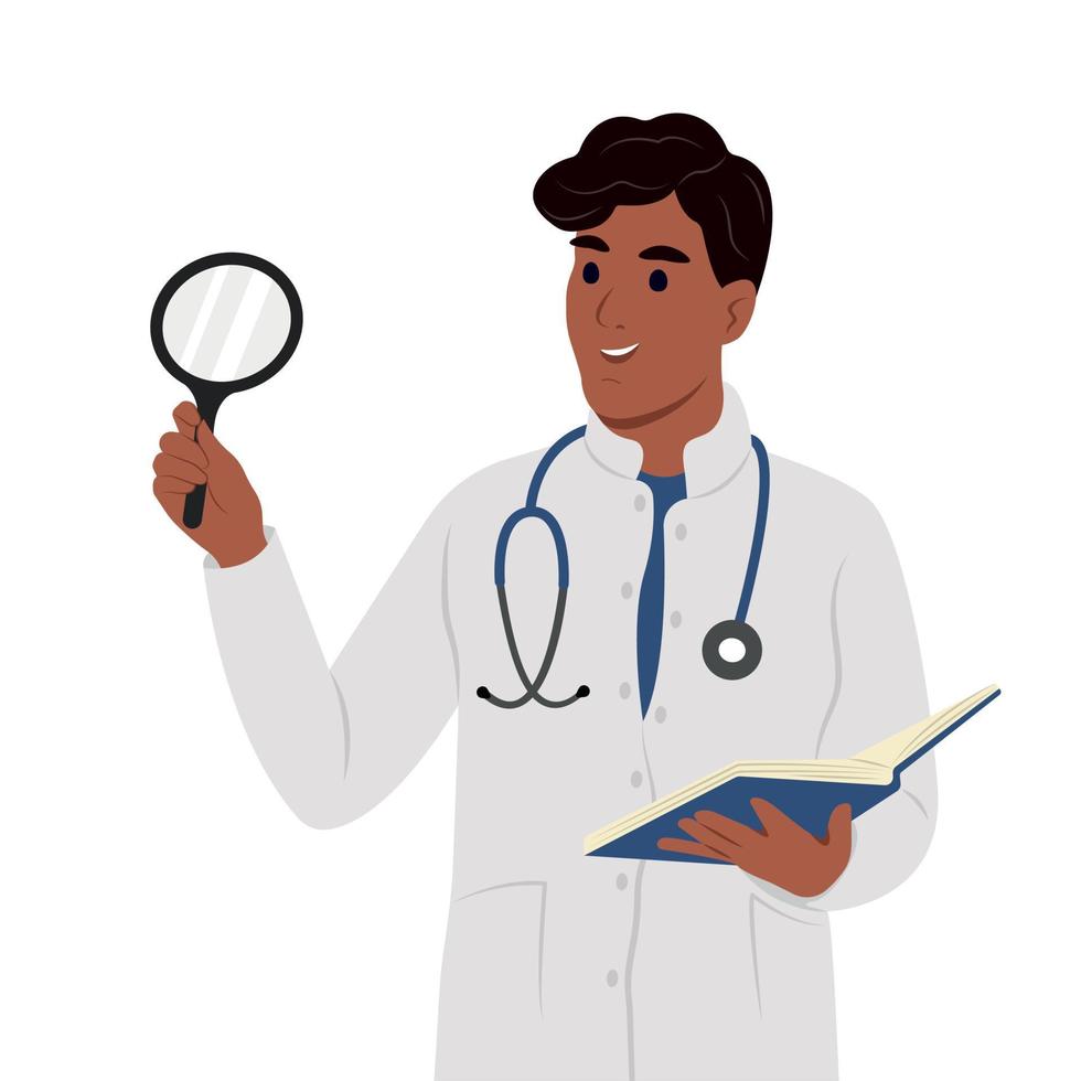Curiosity concept. Smiling female black man with a tablet and a stethoscope, standing looking at something with a magnifying glass. vector