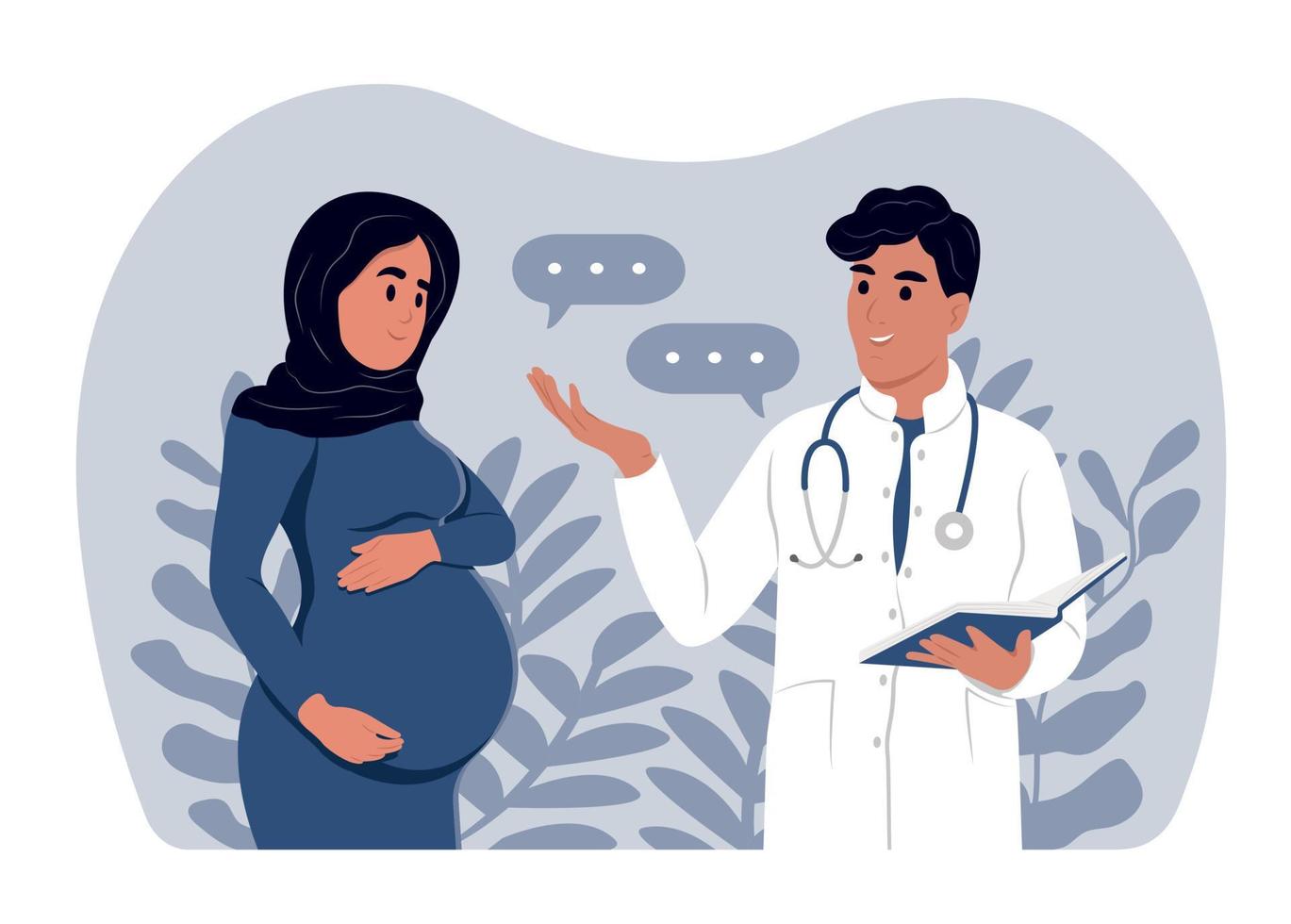 Muslim woman expecting a baby visits the doctors office, examination during pregnancy. A pregnant woman is talking to an obstetrician gynecologist. vector