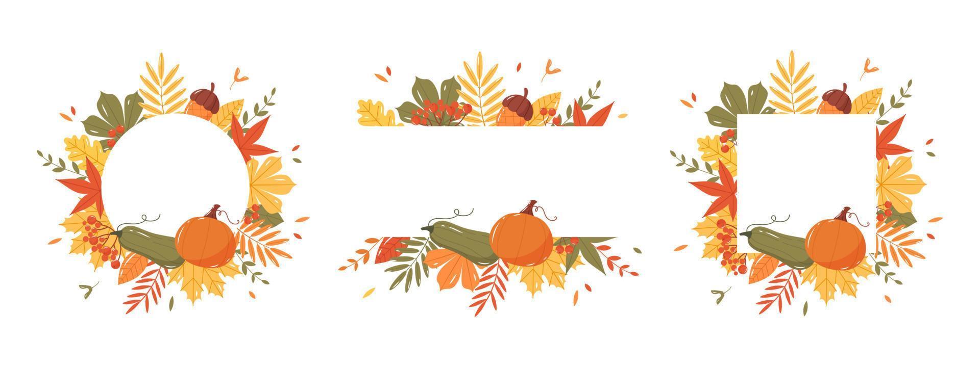 Set of autumn banners with leaves, pumpkins and acorns. Flat vector illustration.