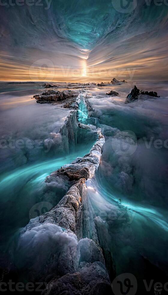 large body of water surrounded by ice. . photo