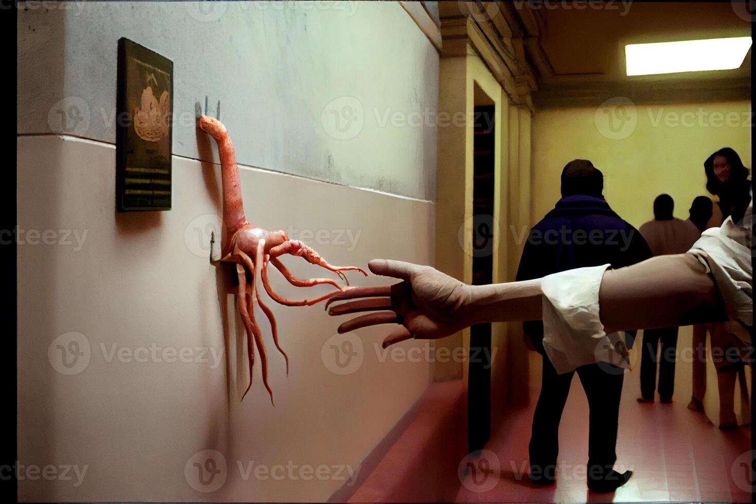 close up of a person holding a carrot on a wall. photo