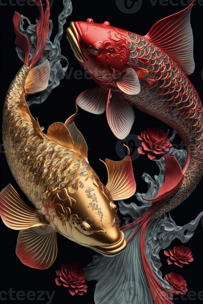 oro y rojo koi pescado en un negro antecedentes. generativo ai. foto