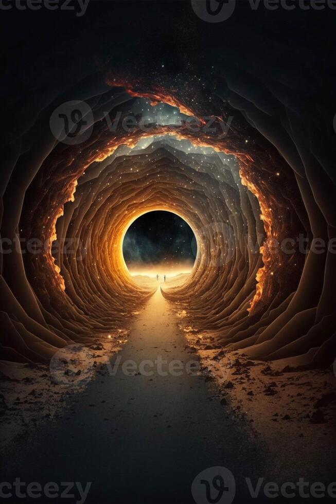 man standing at the end of a dark tunnel. . photo
