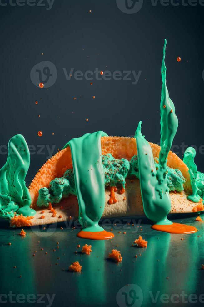 taco covered in green icing sitting on top of a table. . photo