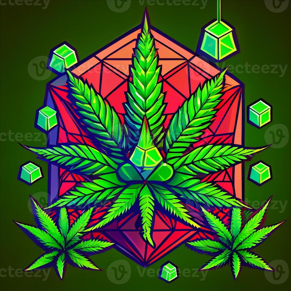 drawing of a marijuana leaf surrounded by cubes. . photo