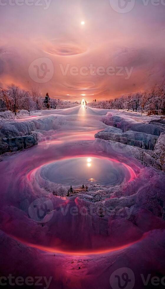 the sun is setting over a frozen lake. . photo