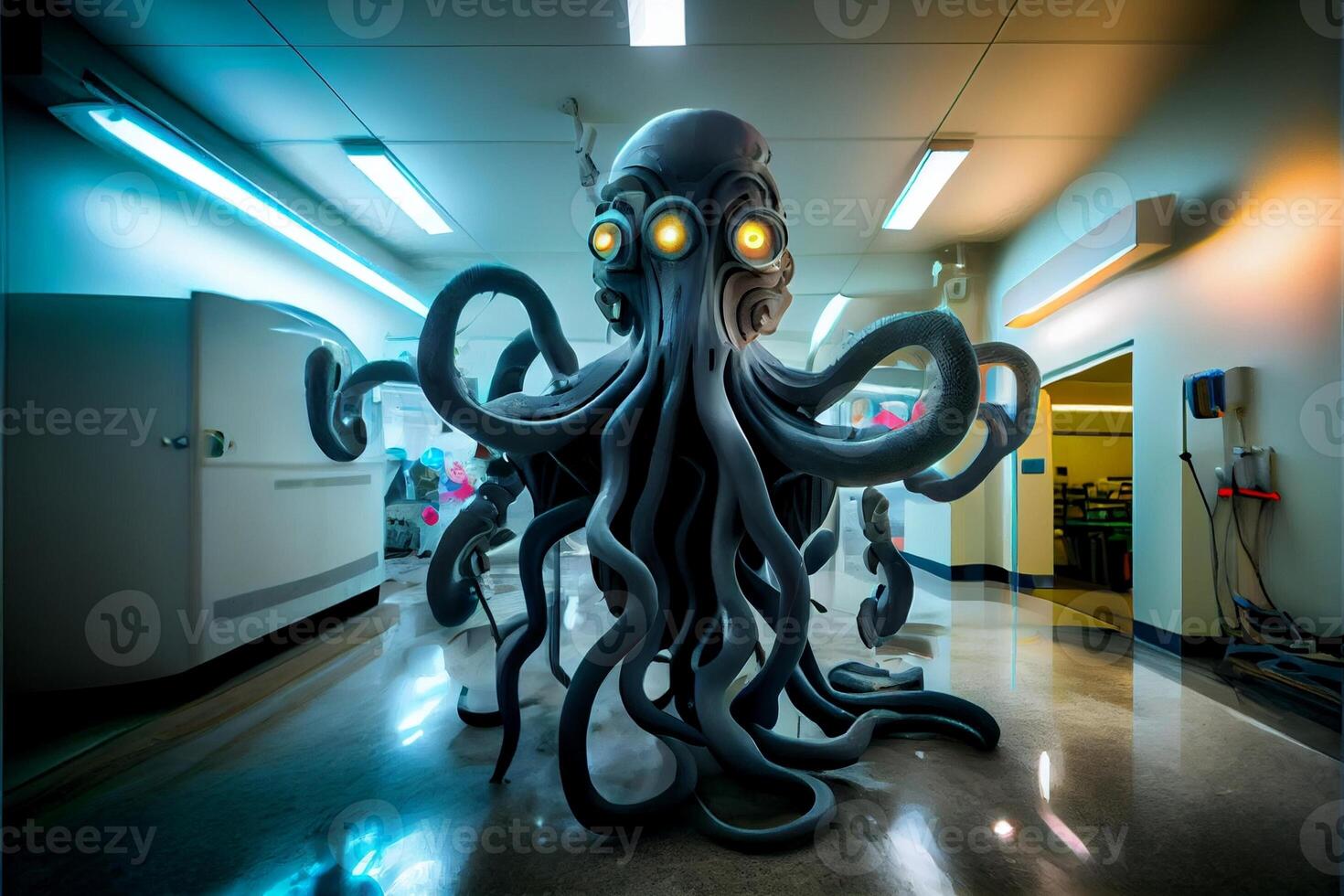 sculpture of an octopus in a dark room. . photo