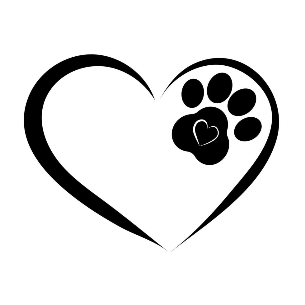 Heart with dog paw isolated on white background. Black abstract symbol of love. Silhouette print or logotype. Vector illustration