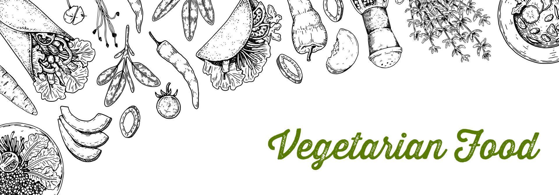 Vegetarian food background. Hand drawn vector illustration in sketch style. Restaurant menu design