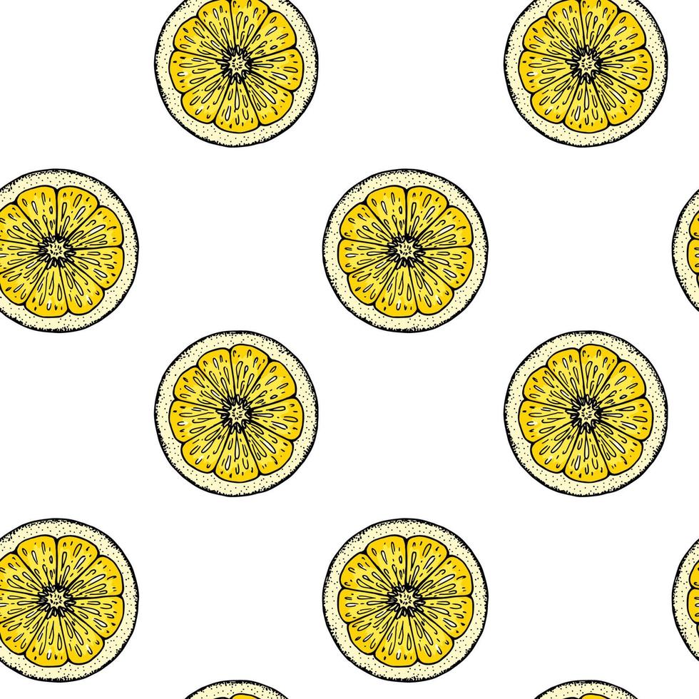 Lemon slice seamless pattern. Colorful hand drawn vector illustration in sketch style. Tropical exotic citrus fruit summer background
