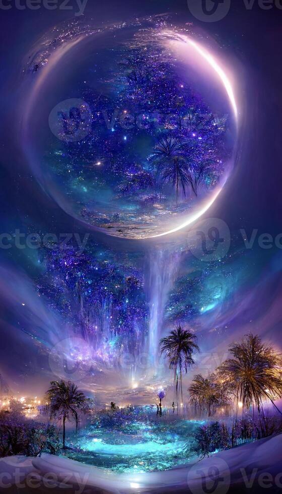 night sky filled with stars and palm trees. . photo