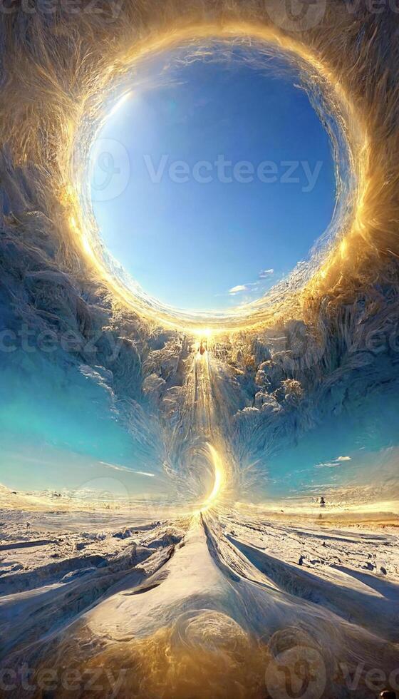 large circular hole in the middle of a snow covered field. . photo