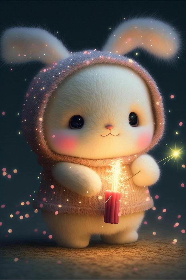 close up of a stuffed animal holding a lit candle. . photo