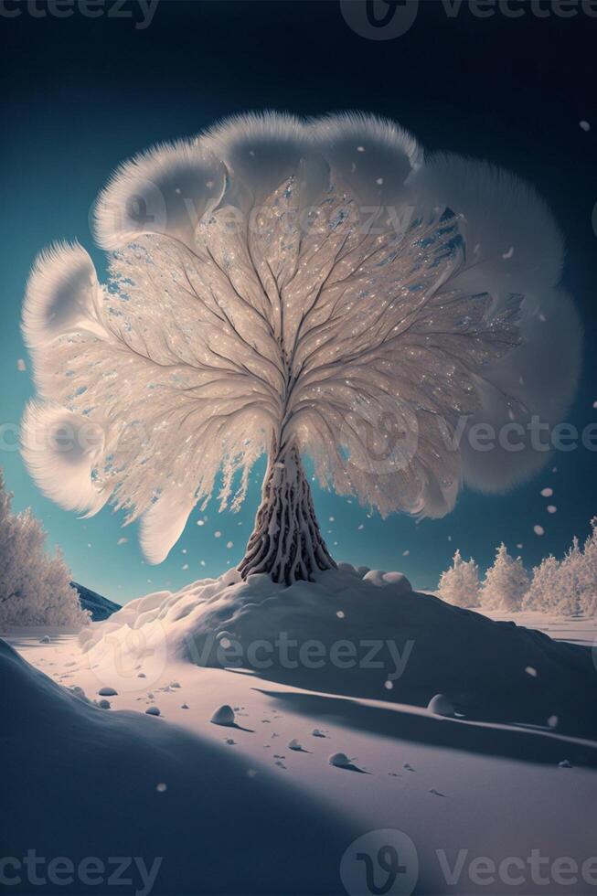 large white tree sitting on top of a snow covered hill. . photo