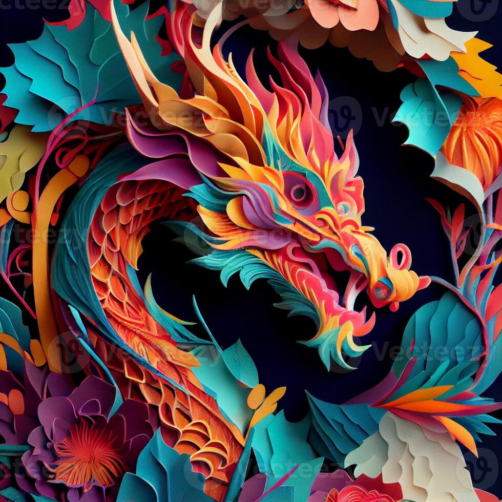 colorful paper art of a dragon surrounded by flowers. . photo