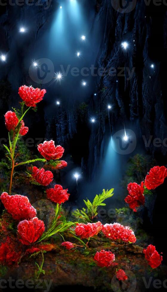 group of red flowers sitting on top of a lush green hillside. . photo