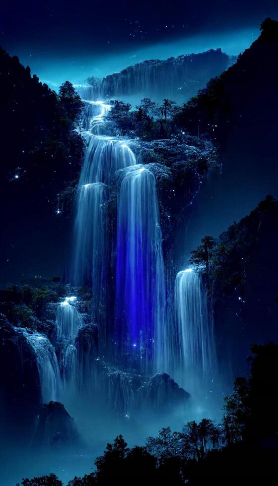 waterfall in the middle of a forest at night. . photo