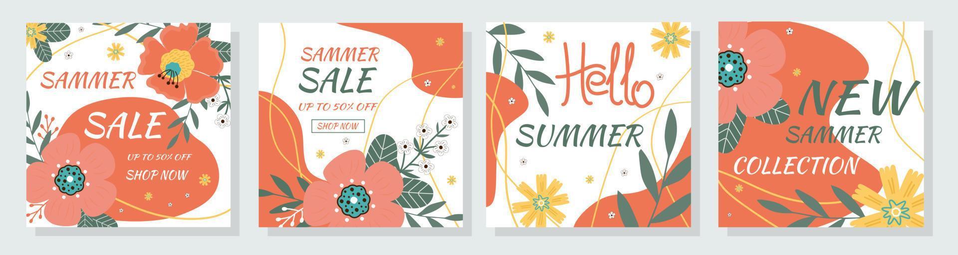Set summer sale bannes. Summer flowers and abstract shape vector