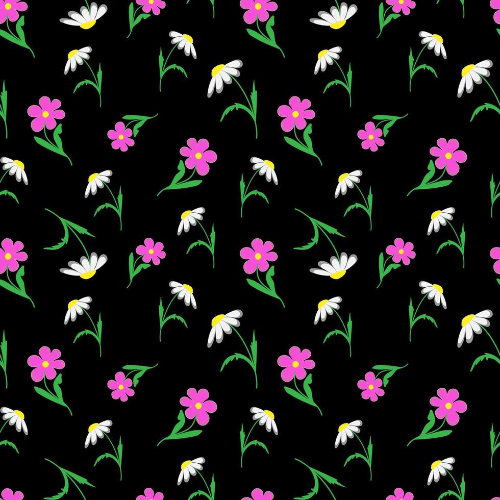 vector illustration seamless pattern chamomiles and kosmeya flowers on black background