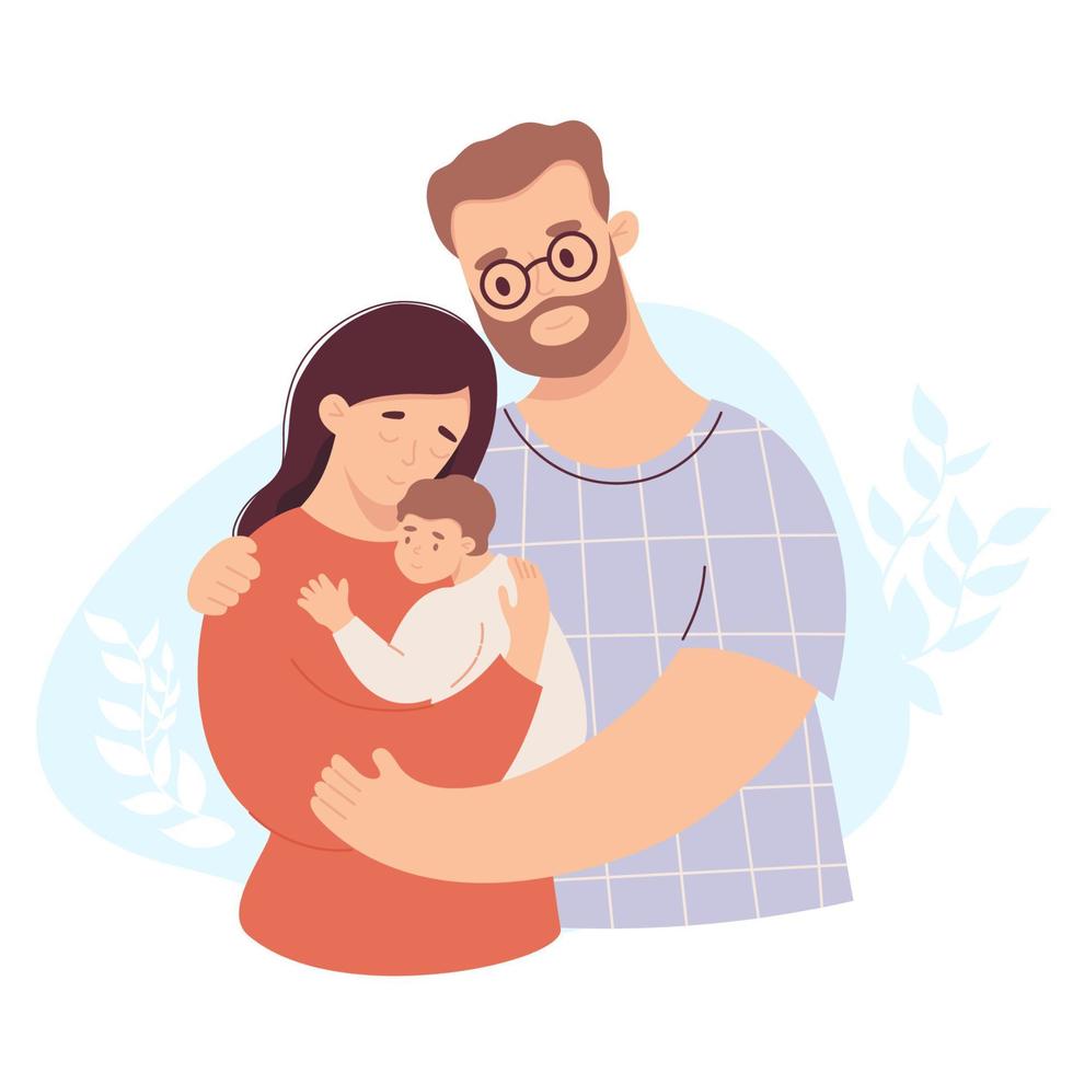 Happy family with baby. Cute adult couple in age with child. Vector illustration in flat style.