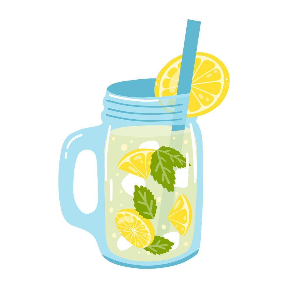 Hand drawn glass of lemonade with sliced lemons and mint. Vector illustration of refreshing beverage, fresh tasty summer drink