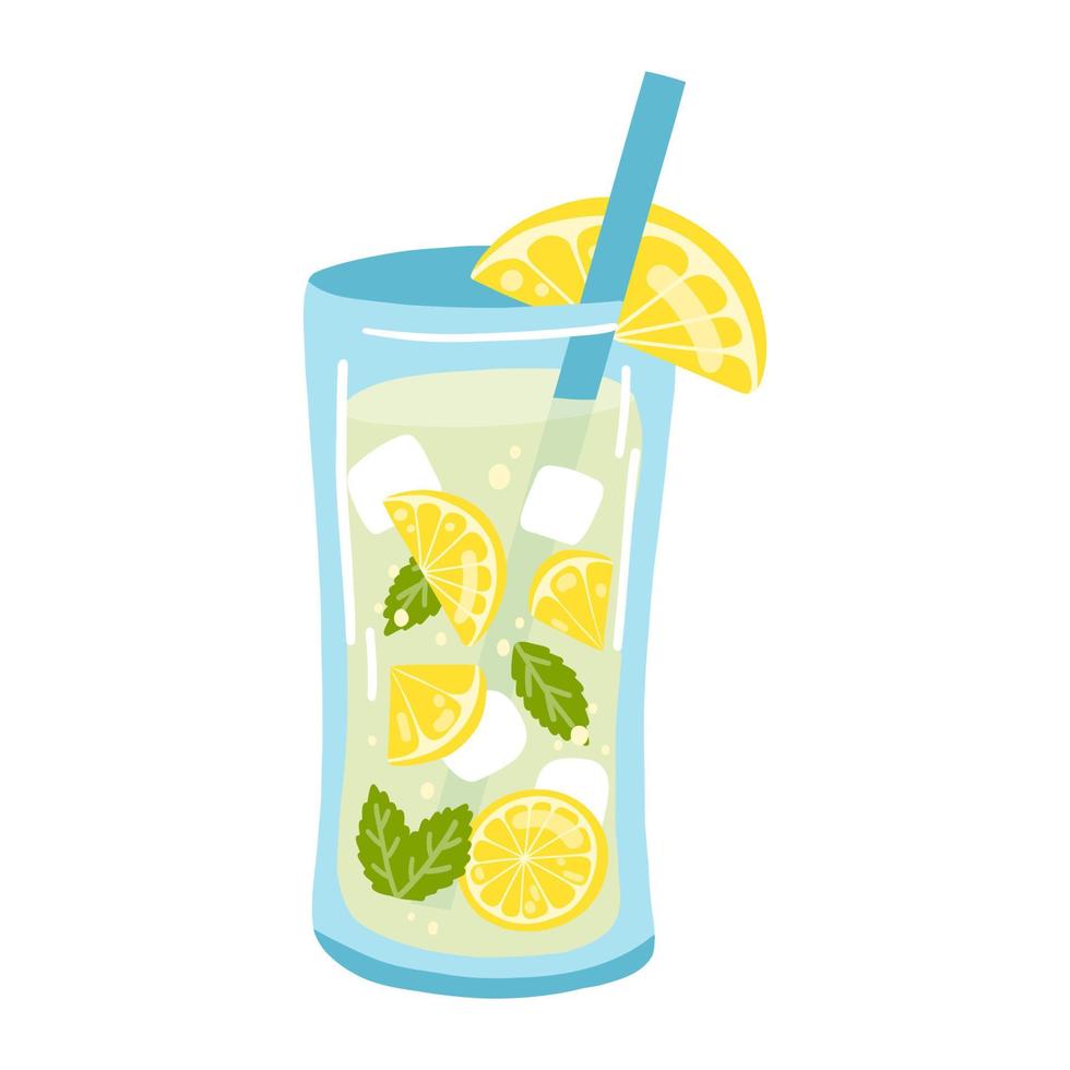 Hand drawn glass of lemonade with sliced lemons and mint. Vector illustration of refreshing beverage, fresh tasty summer drink