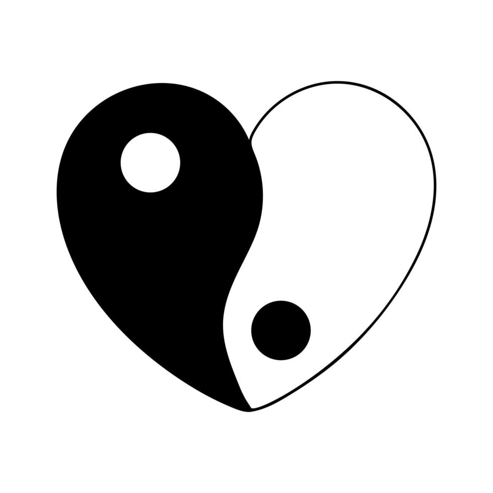 Modern black and white yin yang love heart logo symbol of harmony and balance. Vector illustration.