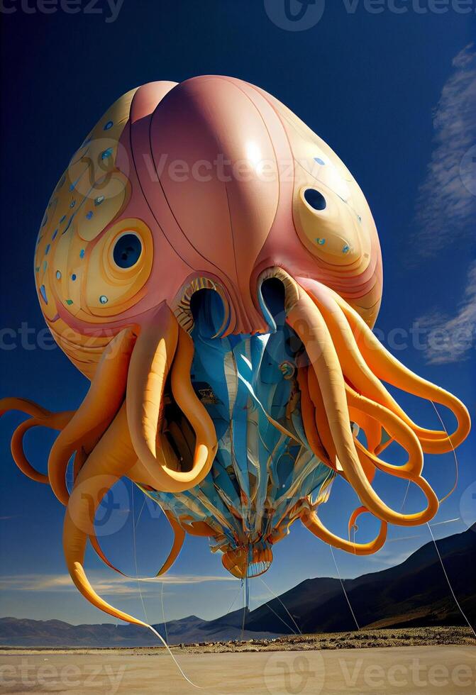 giant octopus balloon being flown in the sky. . photo