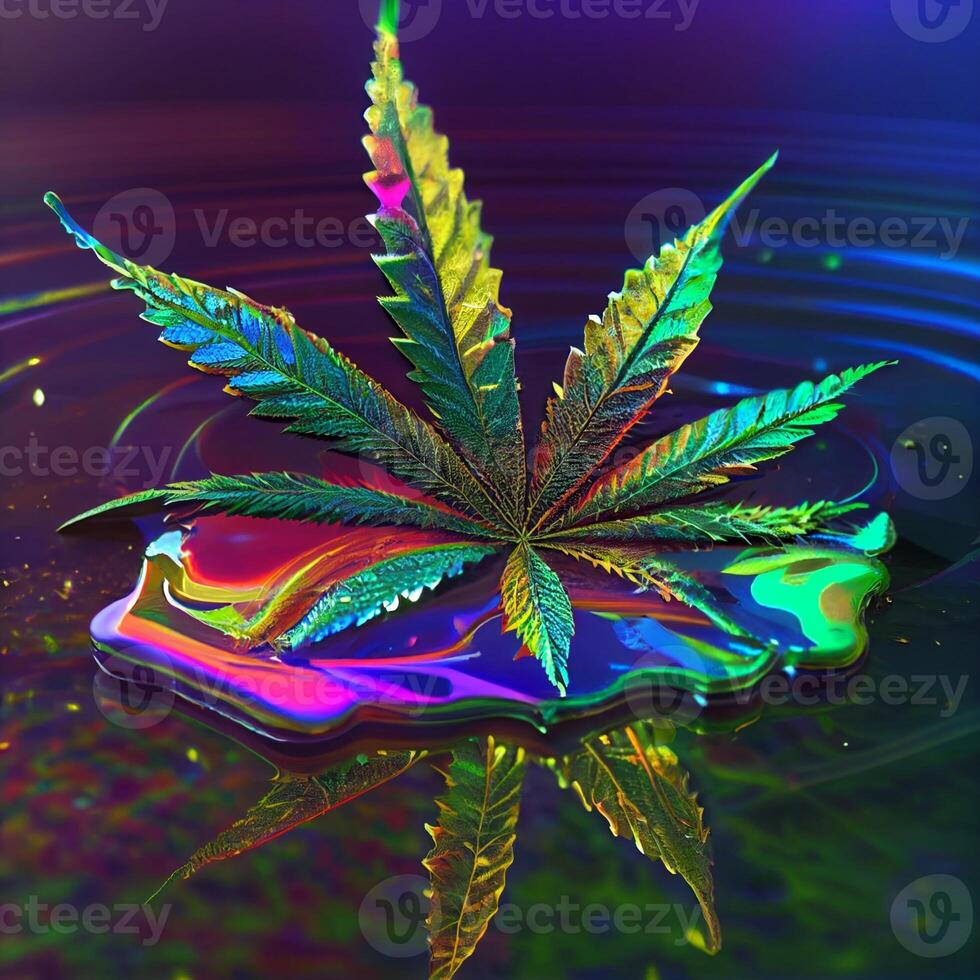 marijuana leaf sitting on top of a puddle of water. . photo