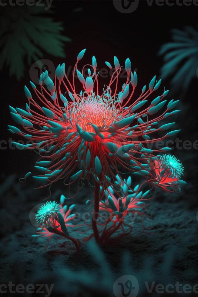 close up of a flower with red and blue lights. . photo