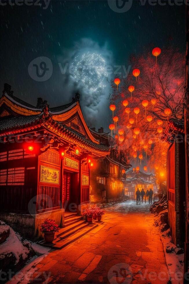 street with lanterns lit up at night. . photo