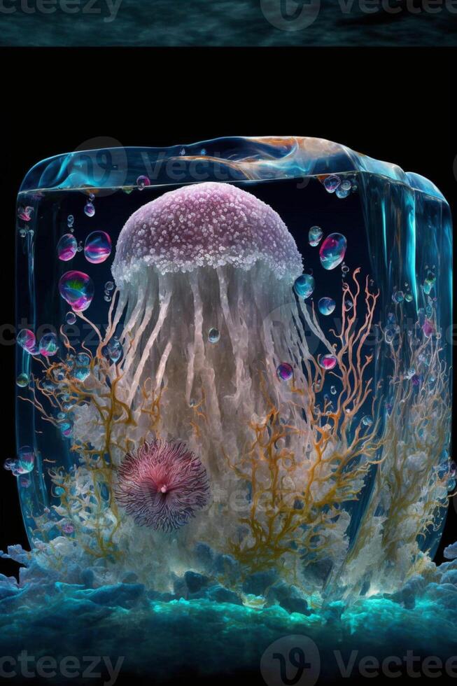 an ice block with a jellyfish inside of it. . photo