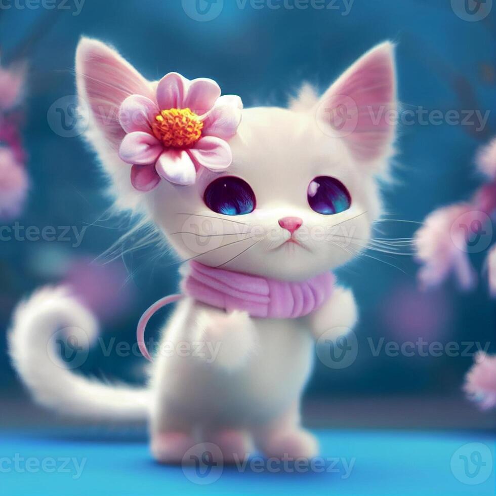 blanco gato con un rosado flor en sus cabeza. generativo ai. foto