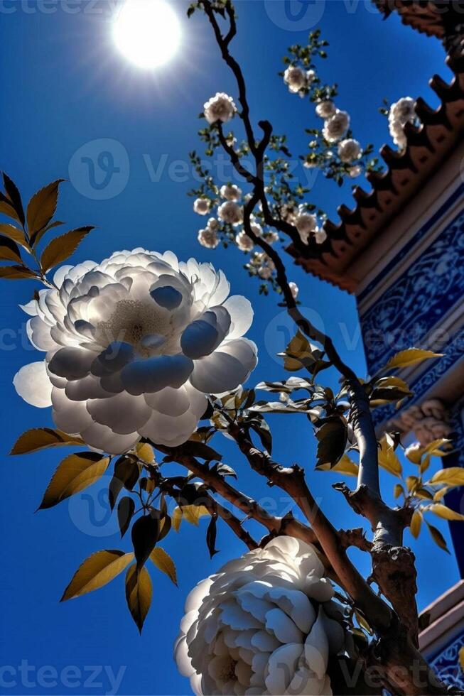 grande blanco flor sentado en parte superior de un árbol. generativo ai. foto