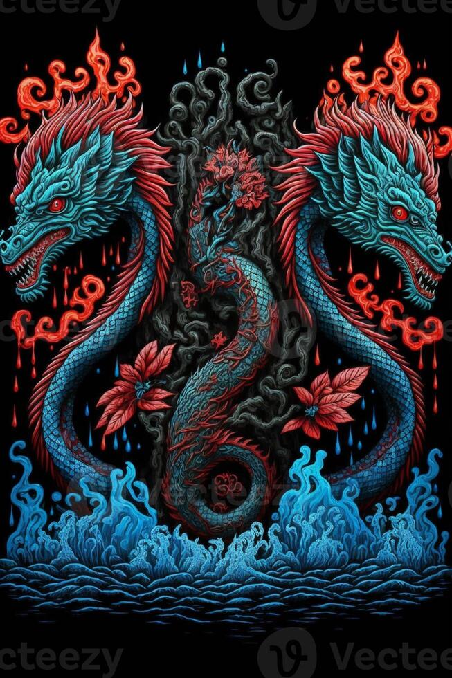 two blue and red dragons on a black background. . photo