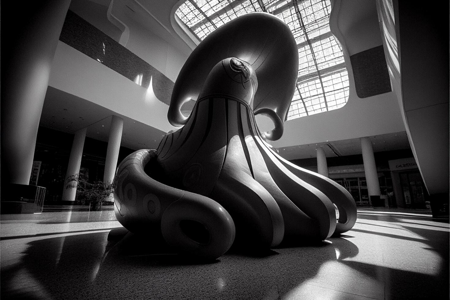 black and white photo of a sculpture in a building. .