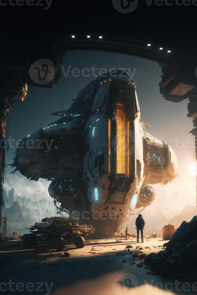 man standing in front of a futuristic spaceship. . photo